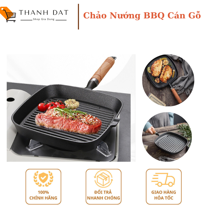 Chảo gang nướng B.BQ hình vuông chống dính cán gỗ size 22cm dùng được mọi loại bếp