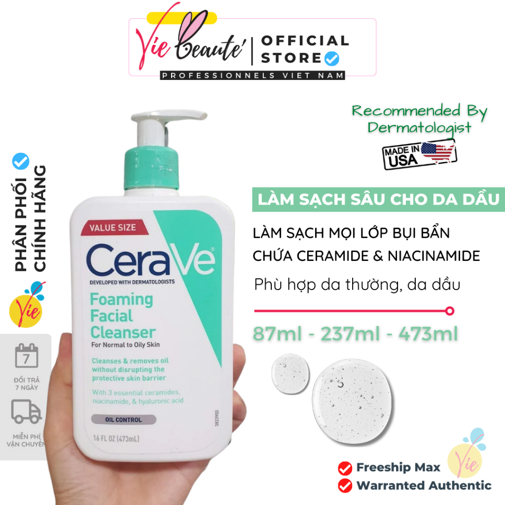 CERAVE Sữa Rửa Mặt FOAMING Cleanser For Normal To Oily Skin cho da thường, da dầu