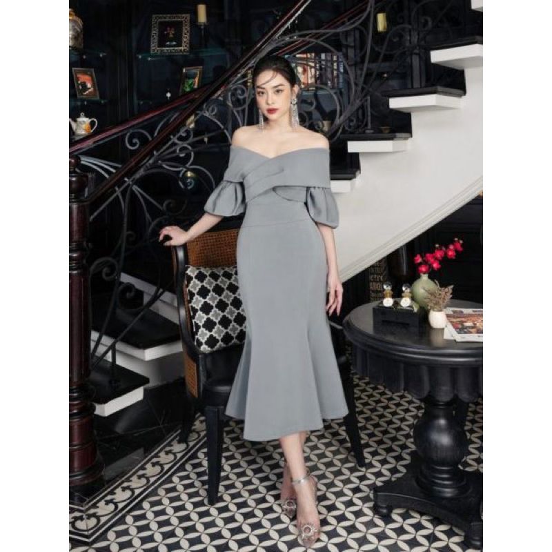 Đầm dự tiệc xám tro trễ vai A90