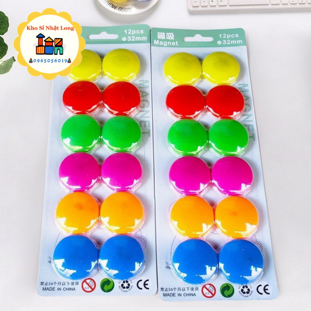 Vỉ 12 Nam Châm Tròn Nhiều Màu ĐK 30 mm