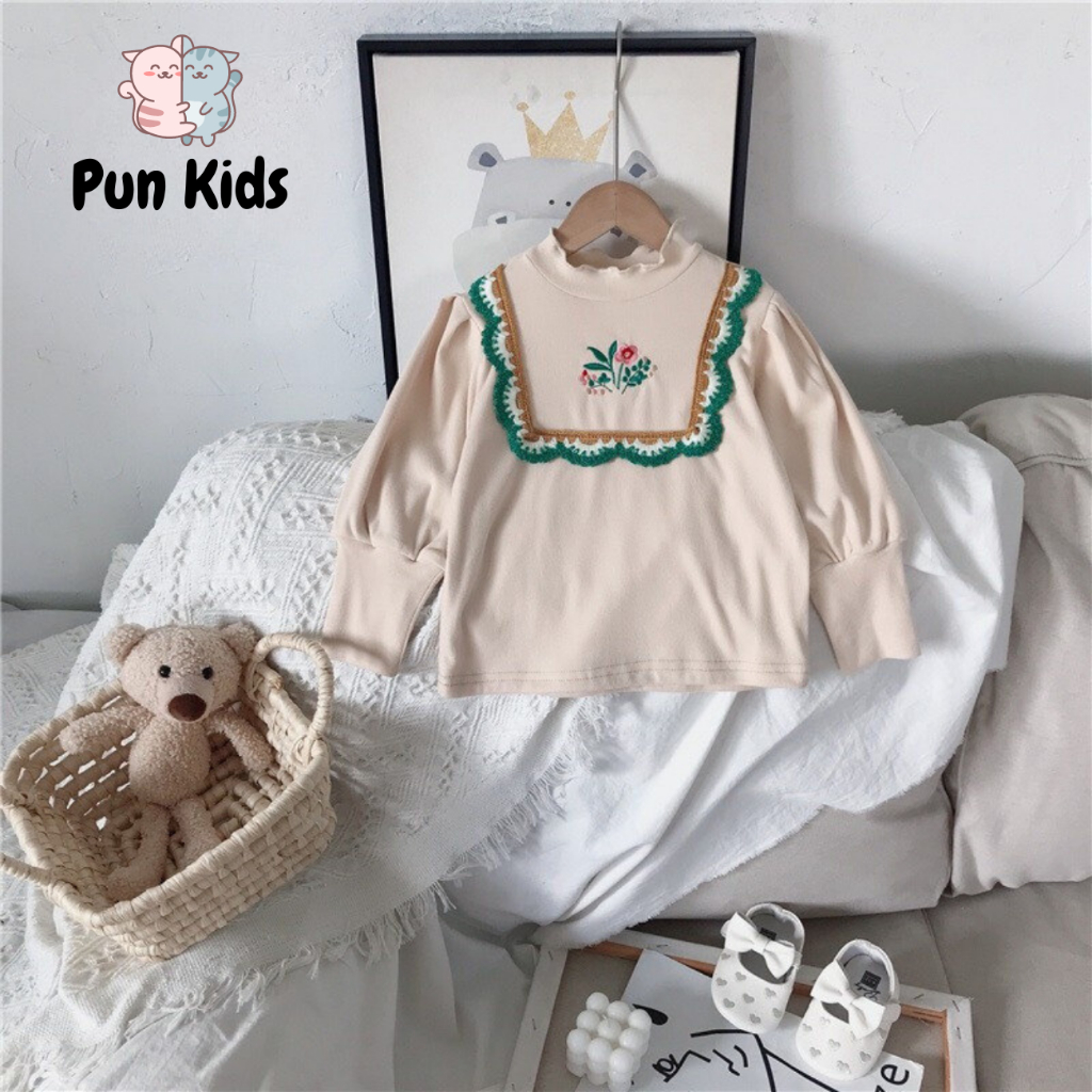 Áo nỉ giữ nhiệt dài tay hoạ tiết hoa thêu viền bèo xanh cho bé gái 9-27kg AMĐ04