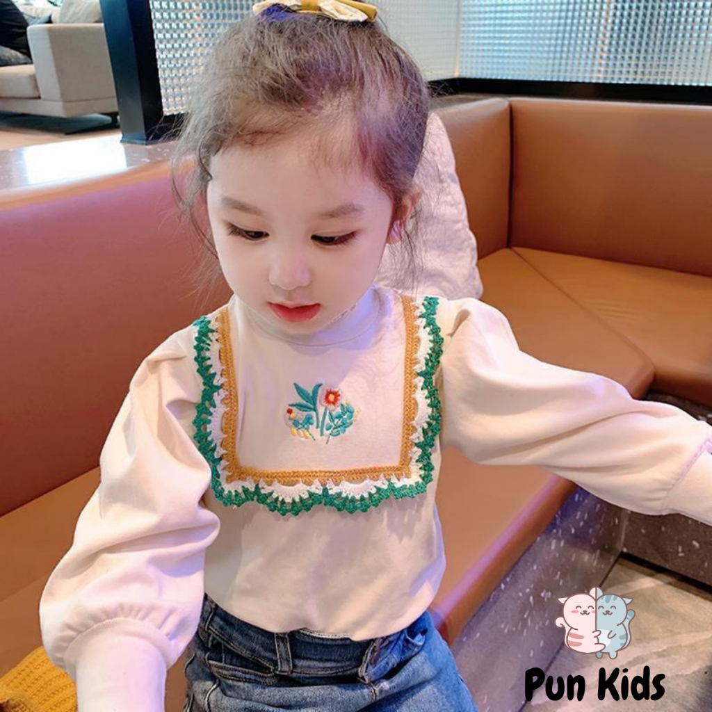 Áo nỉ giữ nhiệt dài tay hoạ tiết hoa thêu viền bèo xanh cho bé gái 9-27kg AMĐ04