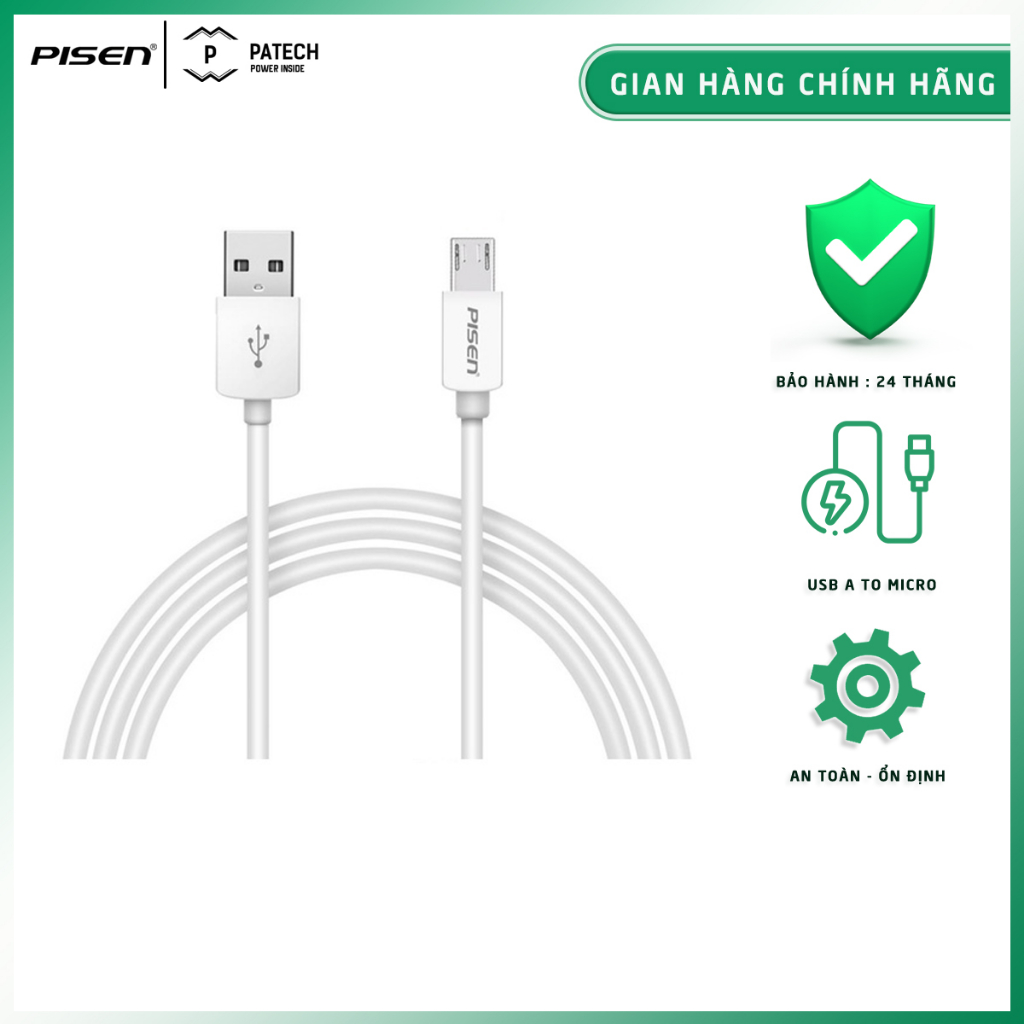 Cáp Pisen Micro USB 2A 800mm, model: MU01-800, bảo hành 18 tháng - Hàng chính hãng