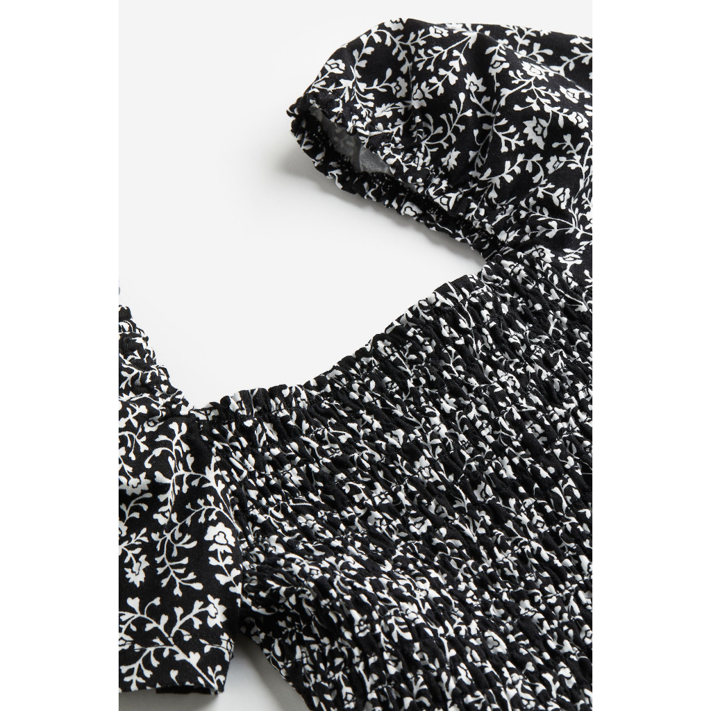 H&M Đức - Áo kiểu peplum bo chun nhún thun cổ vuông tay phồng hoa nhí màu đen sale auth new tag cao cấp sẵn 1157872002