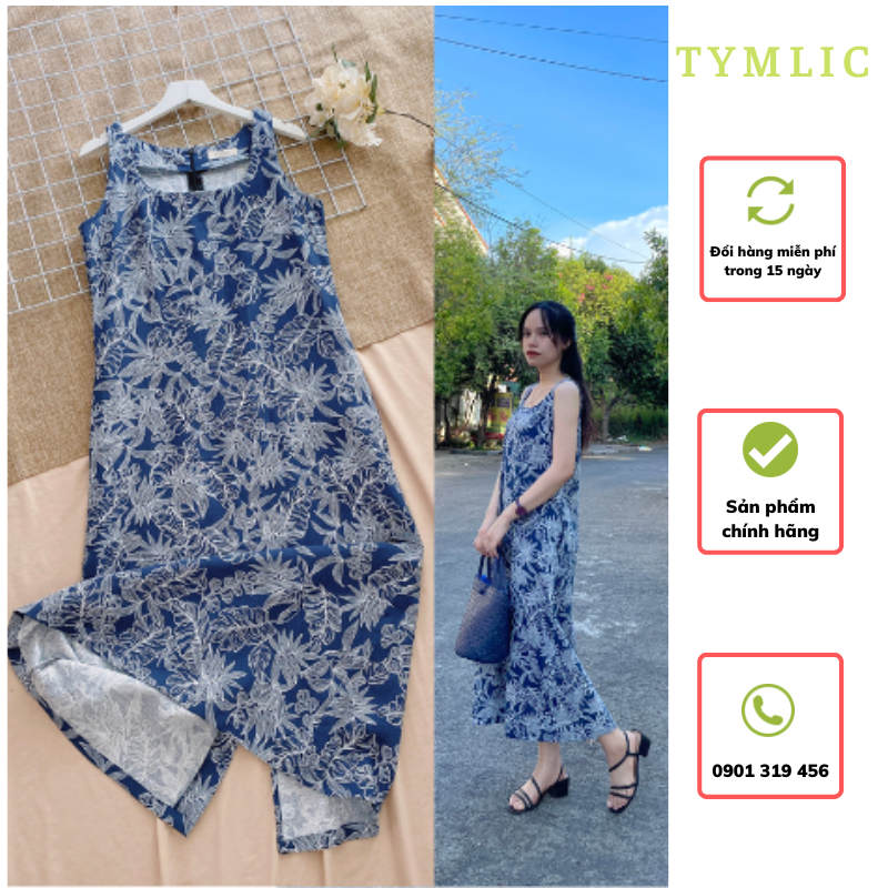 Đầm Suông Linen Sát Nách Hoạ Tiết Màu Navy TYMLIC