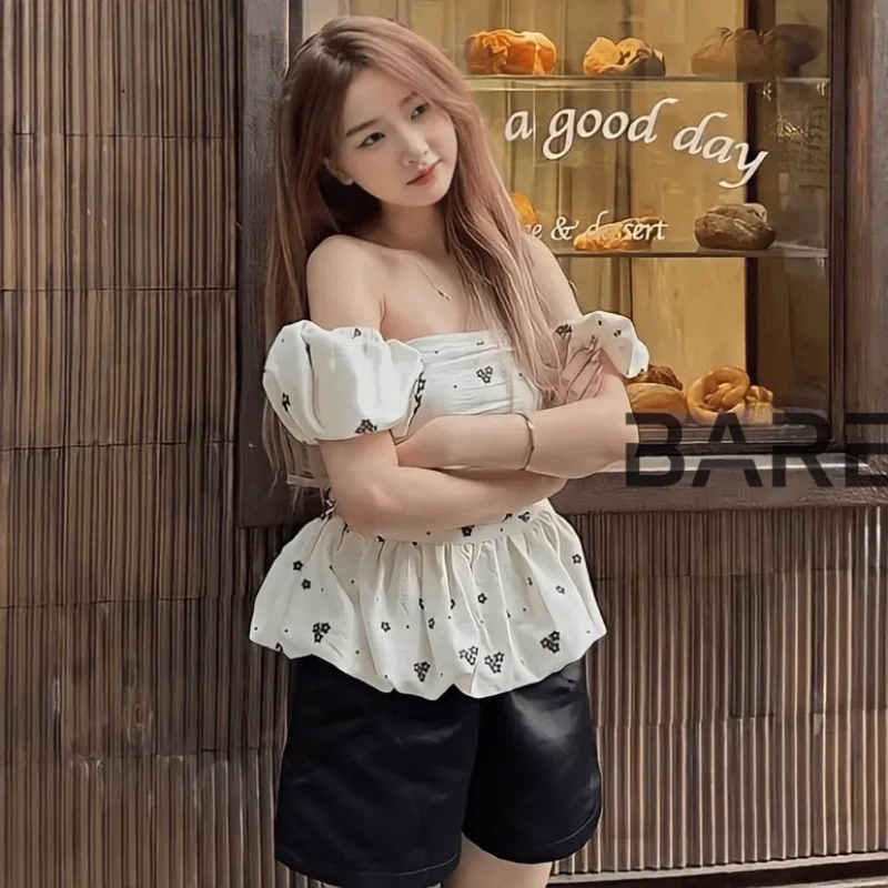 Áo bẹt vai babydoll tay phồng hoa nhí nhún sau - A5Pi