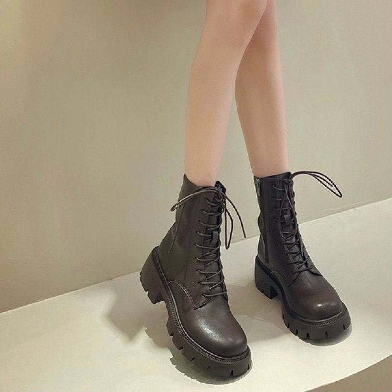 Boots martin nữ cổ ngắn buộc dây có khoá kéo đế cao 5cm