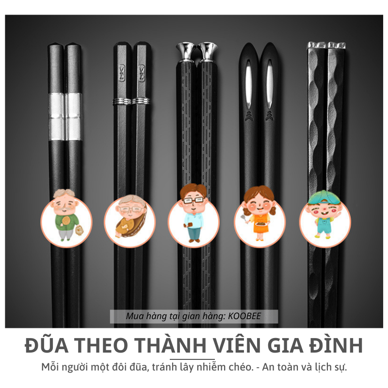 Set 5 đôi đũa hợp kim đen mạ vàng bạc sợi thủy tinh chống mốc, chống trơn trượt, chịu nhiệt cao cấp (BA17)