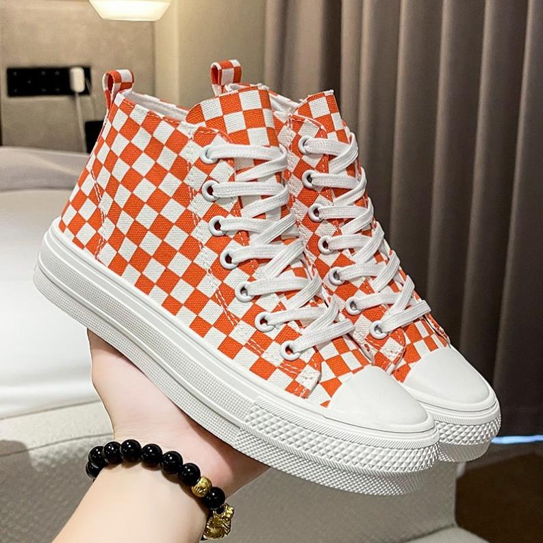 Giày thể thao nữ độn đế quảng châu caro cổ thấp kiểu dáng classic 2 màu đen và xám hot hit