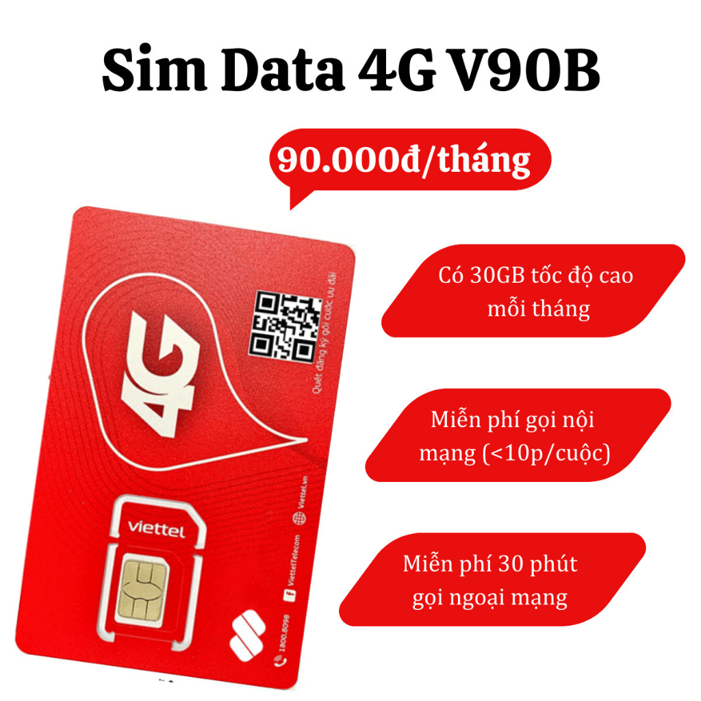 SIM VIETEL TẶNG 4G TRUY CẬP THẢ GA NGHE GỌI TẸT GA GÓI V90B