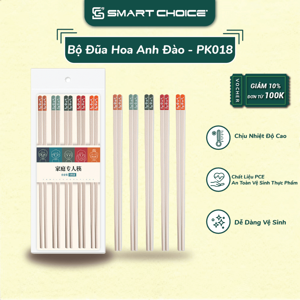 Đũa Nhựa Cao Cấp Chịu Nhiệt SMARTCHOICE Set 5 Đôi Đũa Nhật Kháng Khuẩn Hoa Anh Đào Chính Hãng SCG-PK018