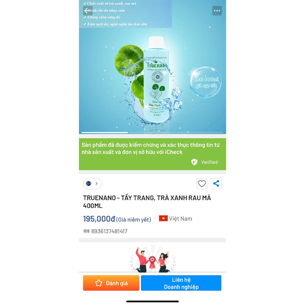 NƯỚC TẨY TRANG SINH HỌC SẠCH SÂU THÔNG THOÁNG DA TRUENANO CHAI 400L