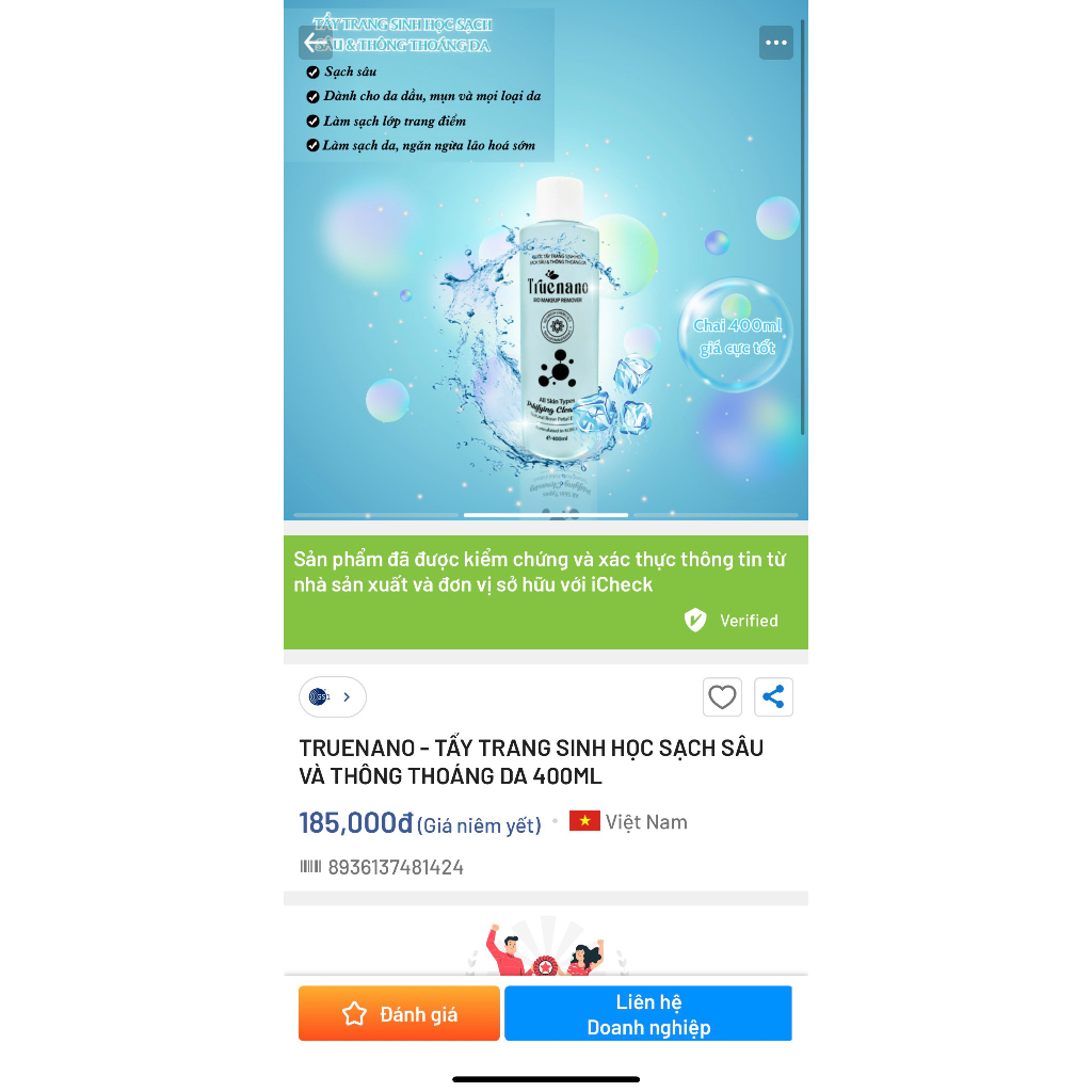 NƯỚC TẨY TRANG SINH HỌC SẠCH SÂU THÔNG THOÁNG DA TRUENANO CHAI 400L