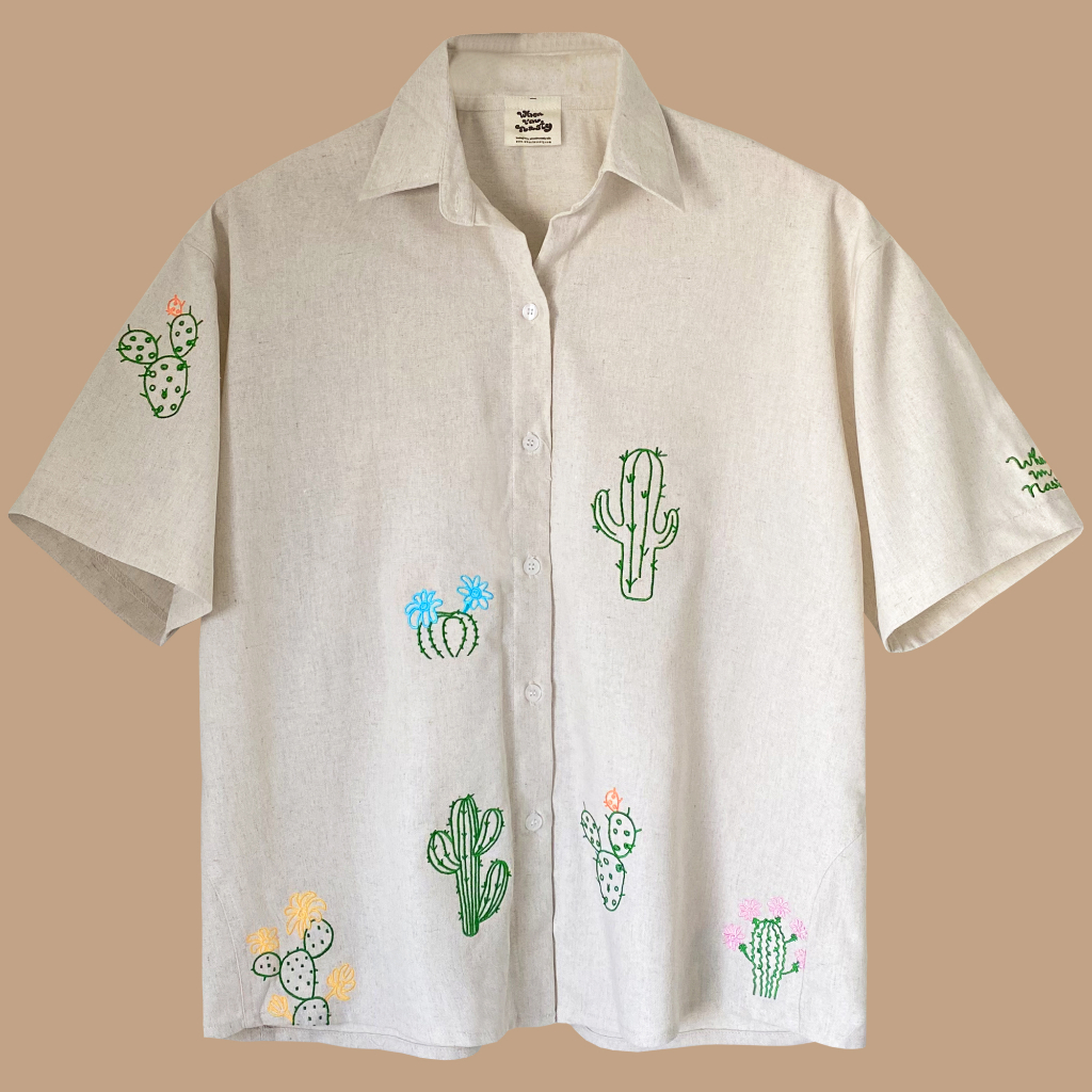 Áo sơmi tay ngắn nam nữ vải linen thoáng mát thêu hoạ tiết xương rồng Cactus thiết kế WHENIMNASTY