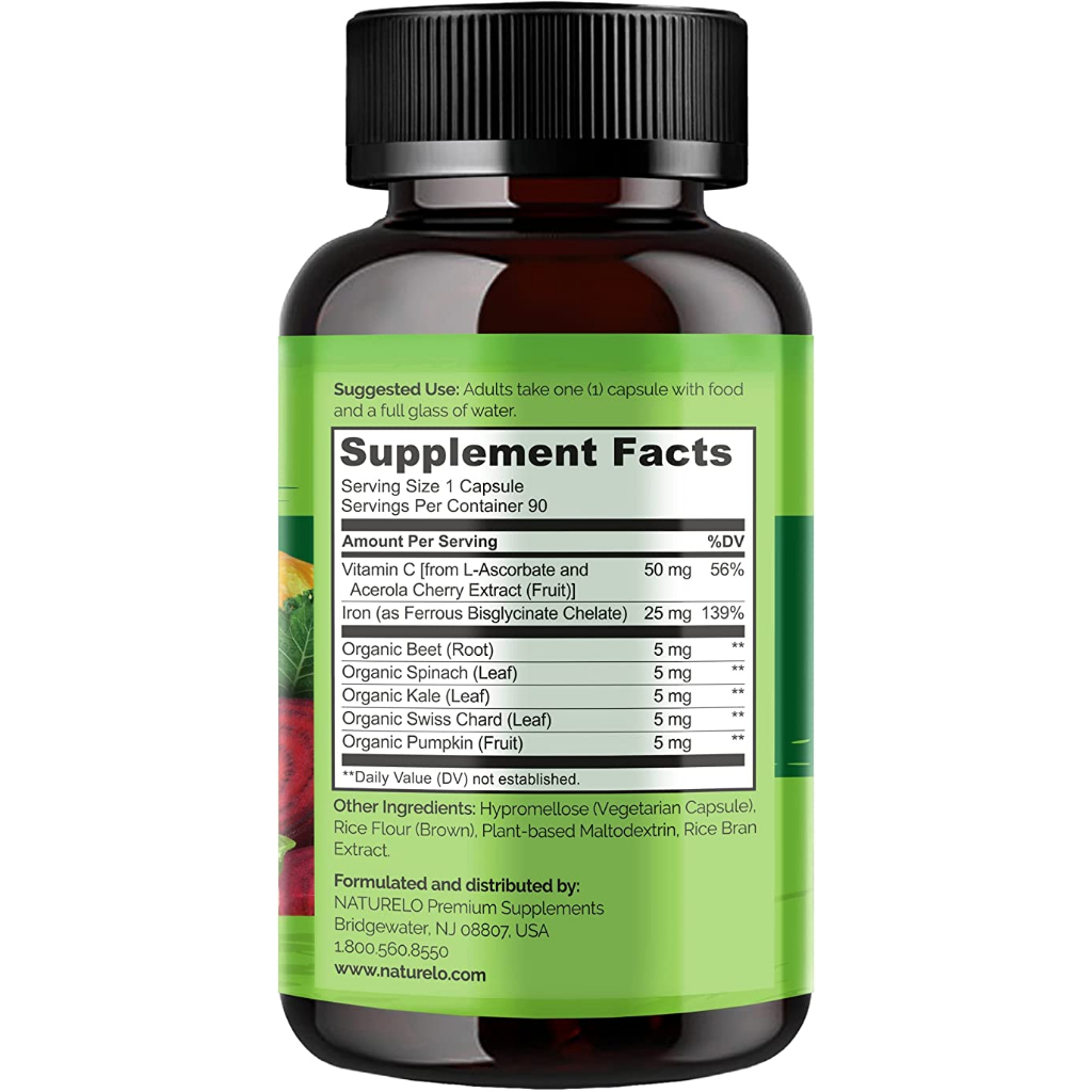 Viên sắt hữu cơ, ngăn ngừa tình trạng thiếu sắt, thiếu máu Naturelo Vegan Iron With Vitamin C 90 viên