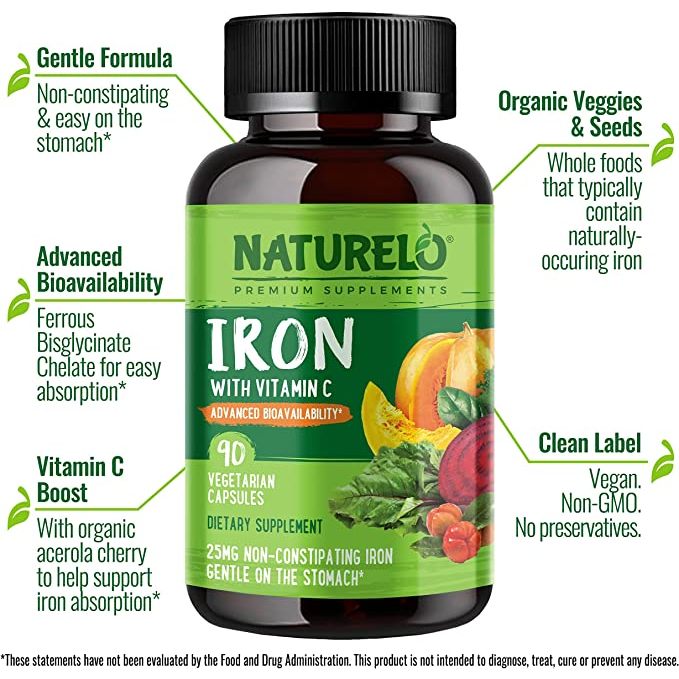 Viên sắt hữu cơ, ngăn ngừa tình trạng thiếu sắt, thiếu máu Naturelo Vegan Iron With Vitamin C 90 viên