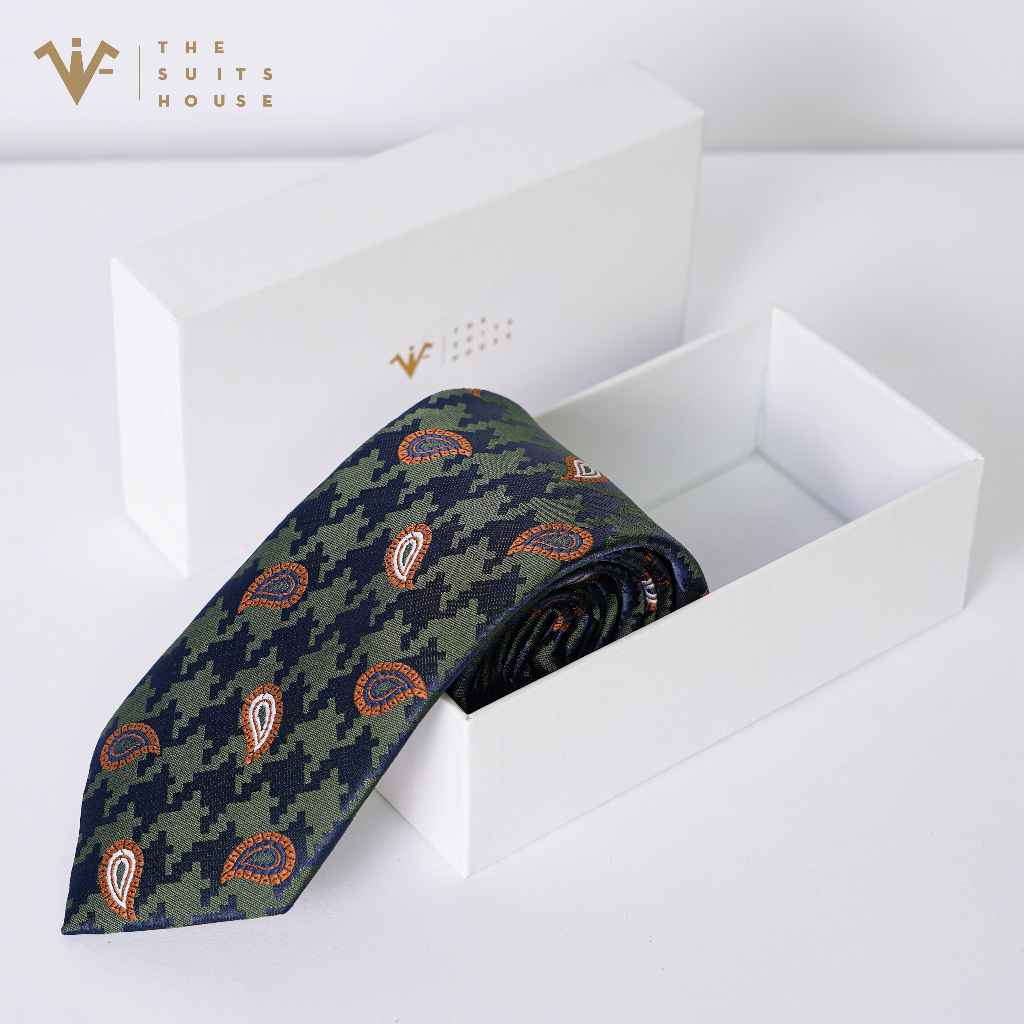 Cà vạt/ Caravat cao cấp THE SUITS HOUSE họa tiết houndstooth màu xanh lá và đen, bản 7 -9cm