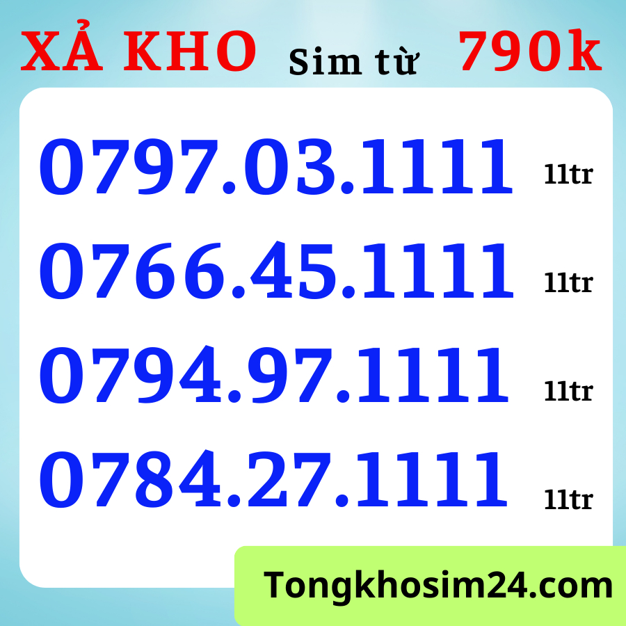 Xả kho sim VIP TỨ QUÝ 1111, Mobifone số đẹp sim VIP Trả Trước, Đầu 07 Mobi số đẹp [Đăng ký chính chủ + Esim: Miễn Phí]