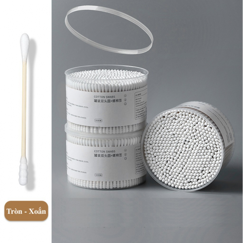 TĂM BÔNG RÁY TAI 500 CÂY, TĂM BÔNG 2 ĐẦU TRÒN THÂN GỖ KHÔNG SƠ BÔNG, BÔNG RÁY TAI COTTON SWAB KHỬ TRÙNG, 1 HỘP 500 QUE