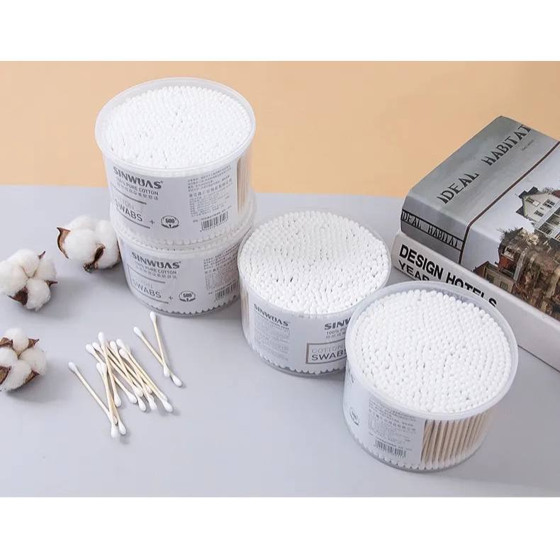 TĂM BÔNG RÁY TAI 500 CÂY, TĂM BÔNG 2 ĐẦU TRÒN THÂN GỖ KHÔNG SƠ BÔNG, BÔNG RÁY TAI COTTON SWAB KHỬ TRÙNG, 1 HỘP 500 QUE