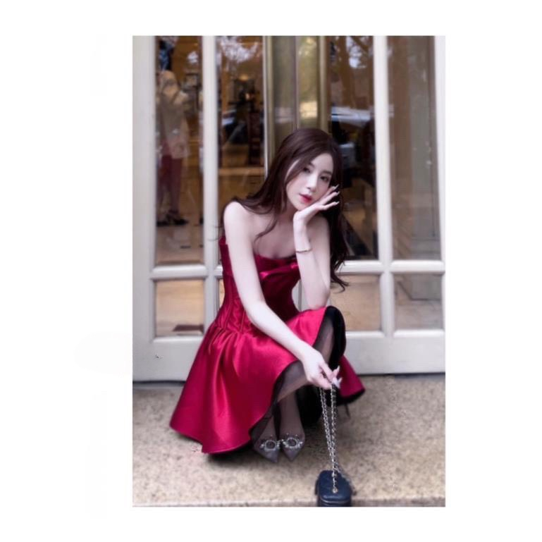 ĐẦM NỮ SANG CHẢNH CÚP NGỰC XÒE ĐÍNH NƠ NGỰC ĐẦM DỰ TIỆC VÁY CÔNG CHÚA TRỄ VAI ĐẦM ĐỎ XẾP LY BẢN TO D
