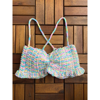 Áo len móc hai dây nhún ngực bèo hoạ tiết MIMI Crochet Top