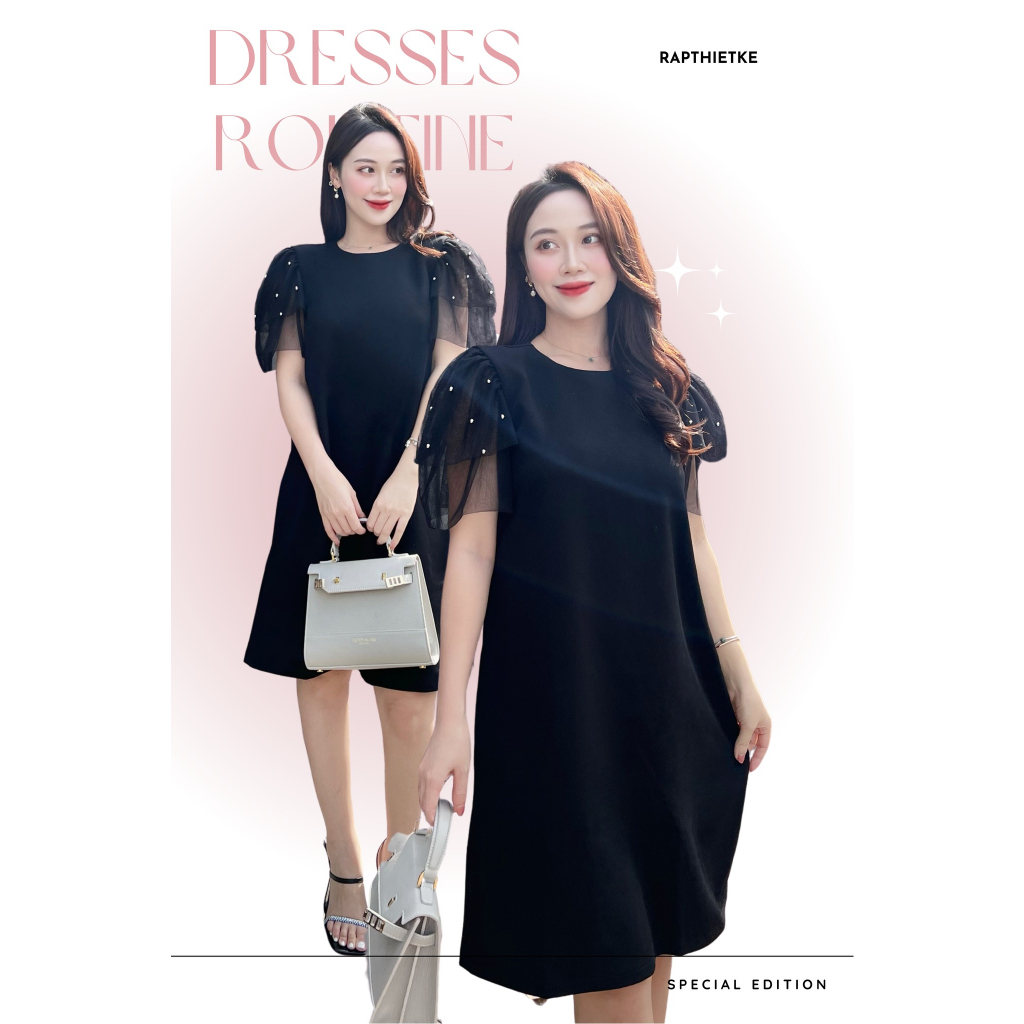RẬP - Đầm Đính Hạt Trên Tay Lưới Hai Tầng - TITI 08 ĐEN