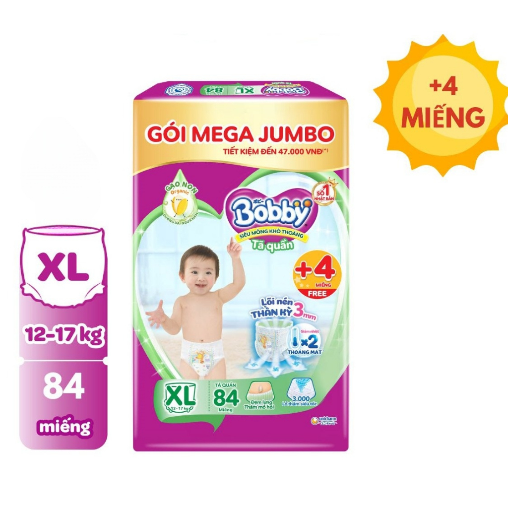 Tã quần Bobby mới Mega Jumbo XL84+12 miếng