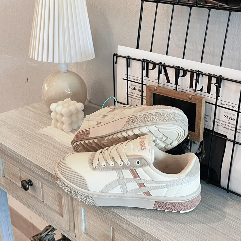 Giày Sneaker Asics Court Trail Sneaker Beige Pink Grey Lai Au, Giày asic kem hồng nâu cao cấp nam nữ ảnh thật tự chụp