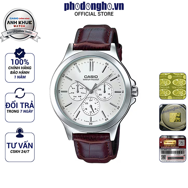Đồng hồ nam dây da Casio chính hãng Anh Khuê MTP-V300L-7AUDF