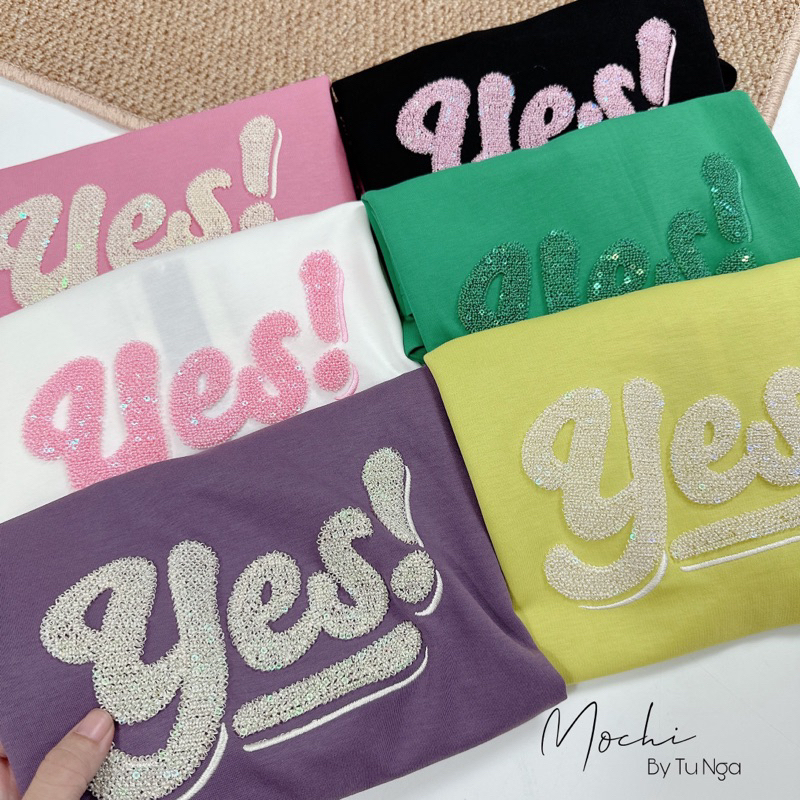 ÁO THUN GIẤY CHỮ YESS NHŨ TAY NGẮN HÀNG QC MS14522