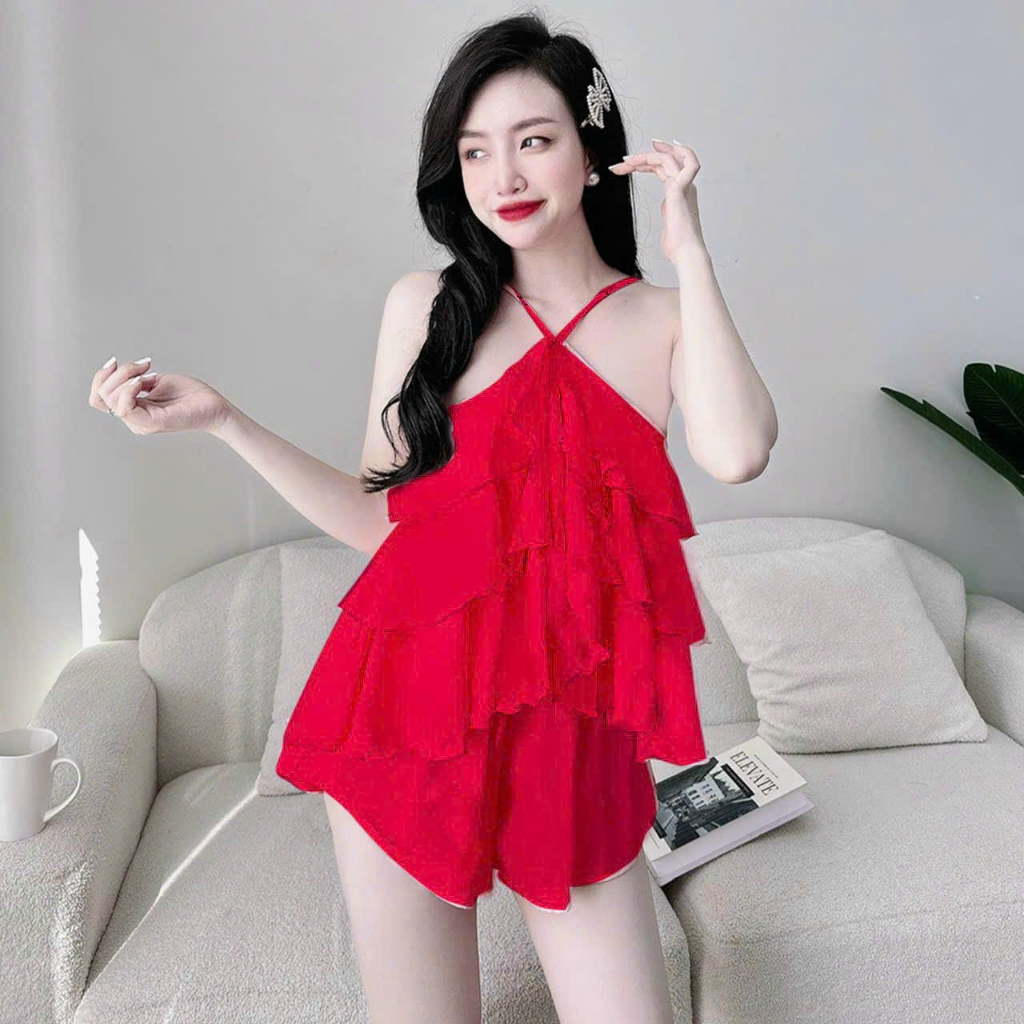 (Mới về)Bộ ngủ hai dây tầng sexy dễ thương (dưới 55kg)/bộ hai dây đùi mặc nhà