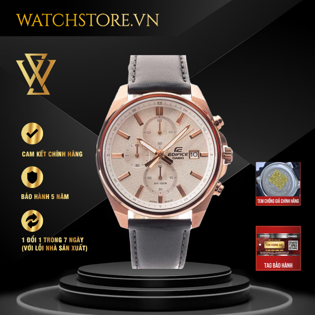 Đồng Hồ Quartz Nam Casio Edifice WATCHSTORE EFV-610CL-7AVUDF Kính Khoáng 43.8mm, Dây Da, Mặt Tròn Màu Vàng Hồng Cổ Điển