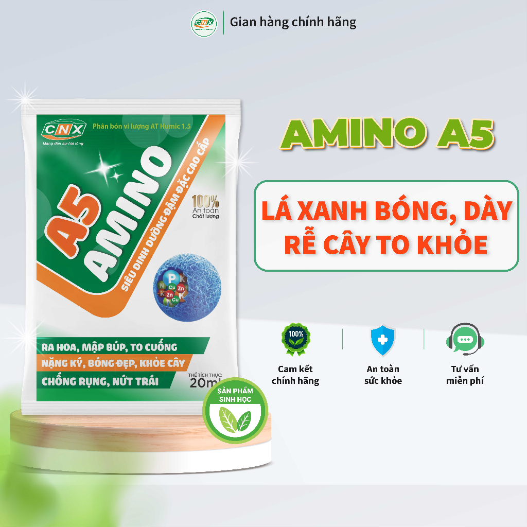 Phân bón vi lượng Axit Humic, Canxi, Kẽm và Đồng A5 AMINO 20ml giúp xanh dày lá, ra rễ nhiều hoa, chống rụng trái - CNX