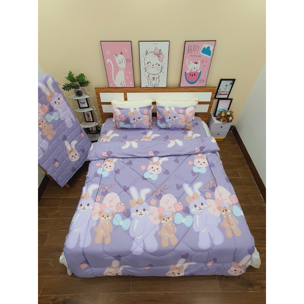 Bộ chăn Ga Gối phao 5 món cotton poly, set phao thu đông mới nhất Hoạ Tiết sang chảnh đầy đủ kích thước - [THỎ NƠ TÍM]