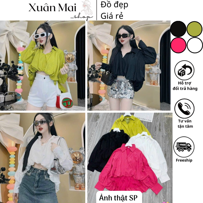 Áo kiểu tay cách điệu rớt vai phối bèo cột nơ chất tơ óng ánh xinh xắn