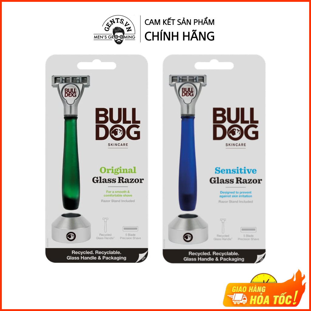 Dao cạo râu 5 lưỡi Bulldog Skincare Original và Sensitive Glass Razor có tay cầm thủy tinh siêu bền, chống bám bẩn
