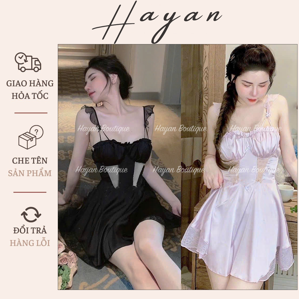 HT70 Váy ngủ sexy phối ren dáng xoè tôn dáng kèm ĐỆM LÓT, đồ ngủ lụa 2s cánh tiên sang chảnh HT70