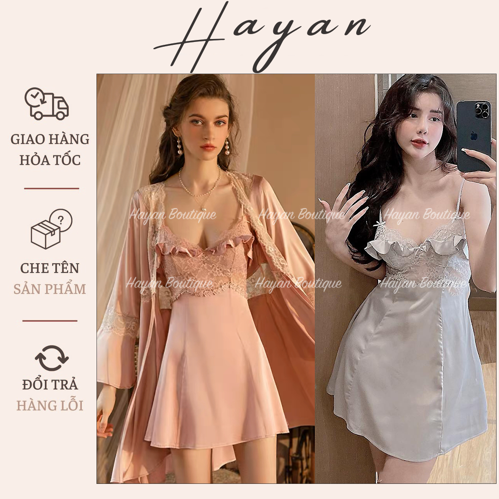 HT166 Set váy ngủ và áo choàng sexy ren bèo v1 kèm ĐỆM LÓT, đồ ngủ lụa sang chảnh HT166 (43+246)