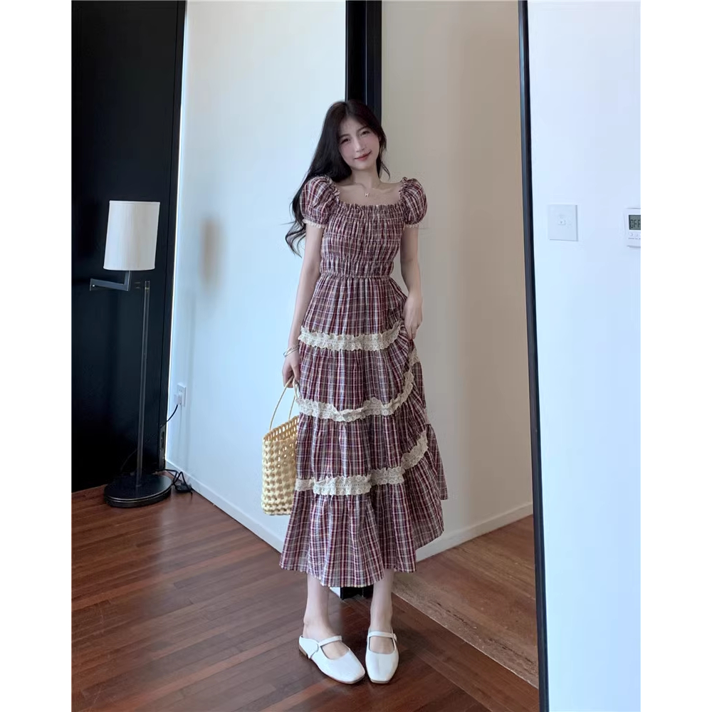 Váy đầm maxi chun ngực viền ren kẻ sọc freesize