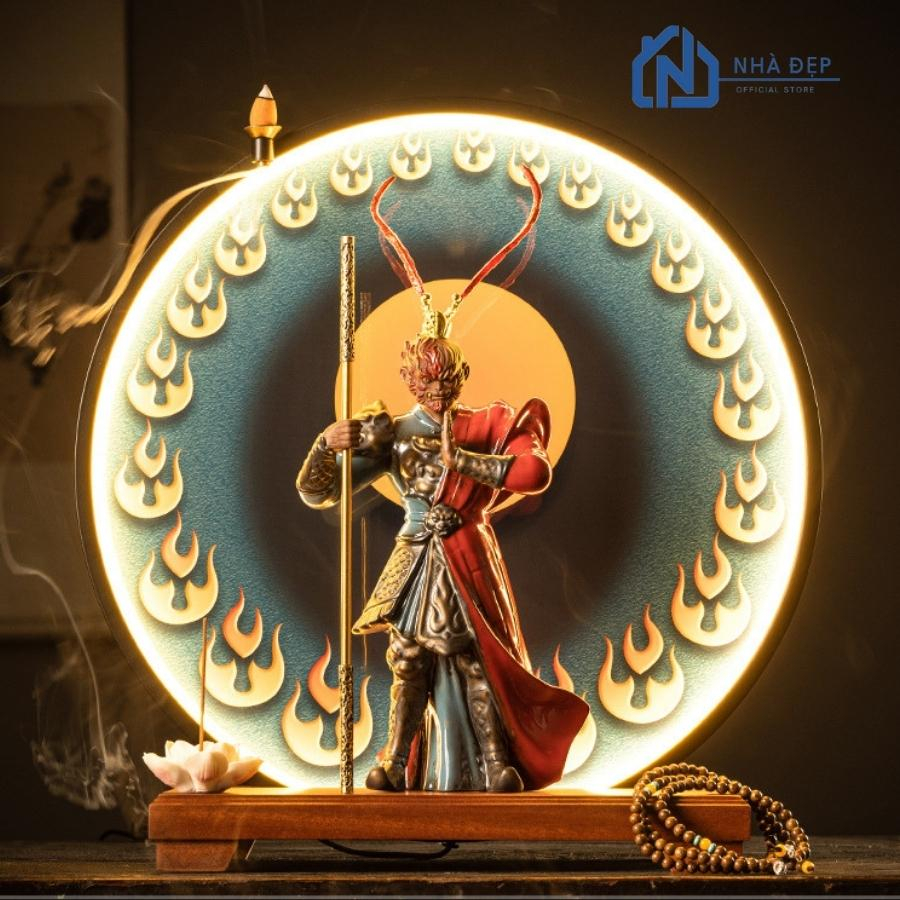 Thác khói trầm hương tượng tôn ngộ không gốm tử sa cao cấp kèm tranh kệ đèn led tròn decor trang trí, phong thuỷ