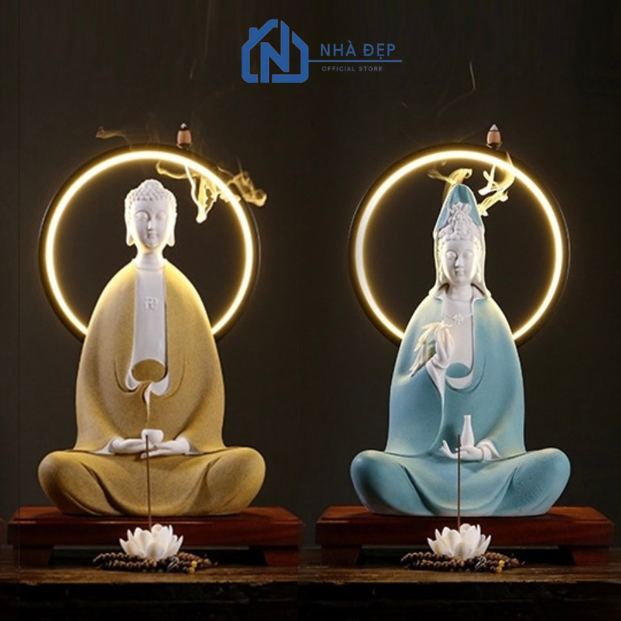 Tượng Phật Quan Âm Bồ Tát, Tượng Phật A Di Đà ngồi thiền an nhiên kèm kệ đèn led cao cấp decor trang trí, phong thuỷ