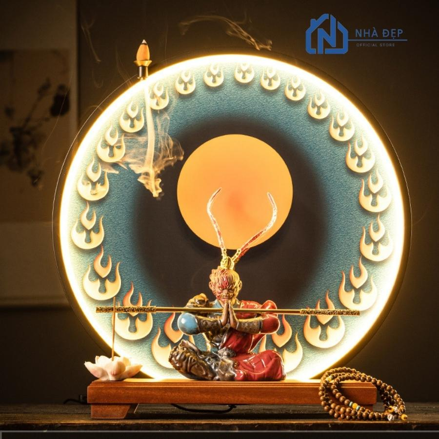 Thác khói trầm hương tượng tôn ngộ không gốm tử sa cao cấp kèm tranh kệ đèn led tròn decor trang trí, phong thuỷ