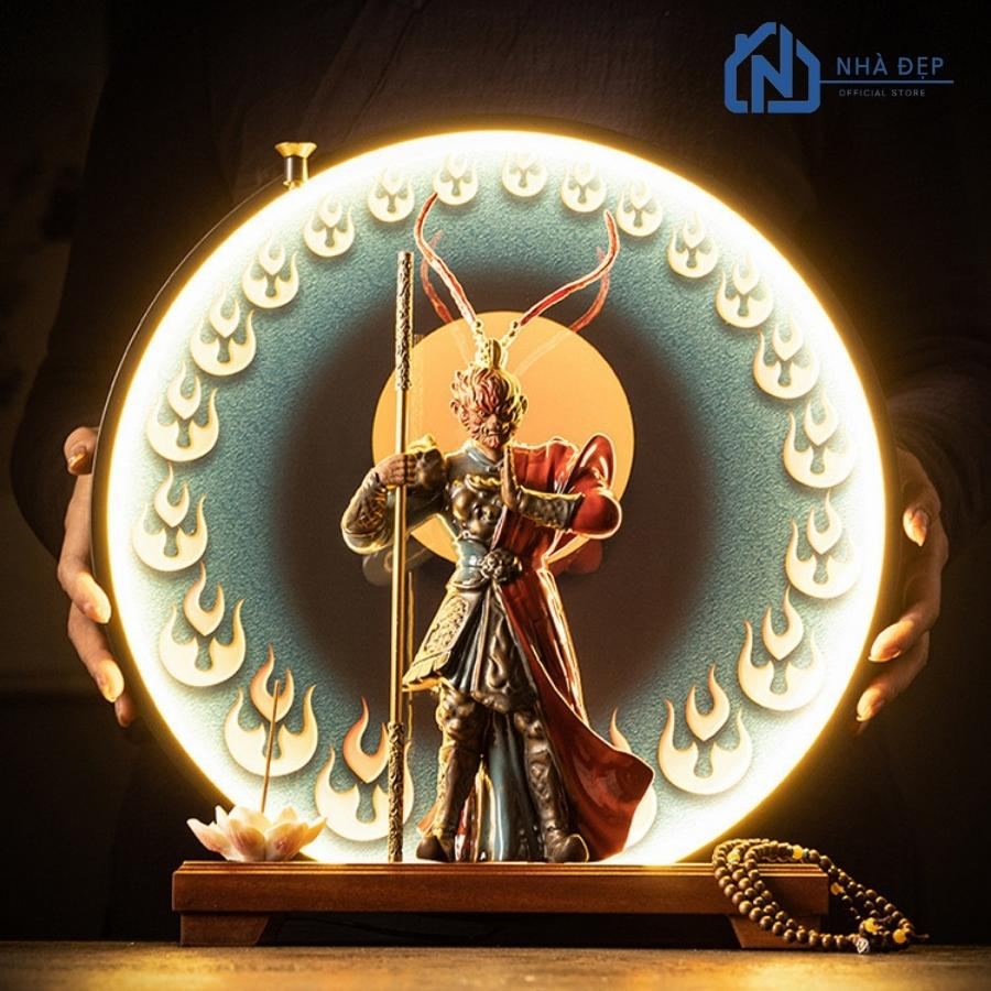 Thác khói trầm hương tượng tôn ngộ không gốm tử sa cao cấp kèm tranh kệ đèn led tròn decor trang trí, phong thuỷ