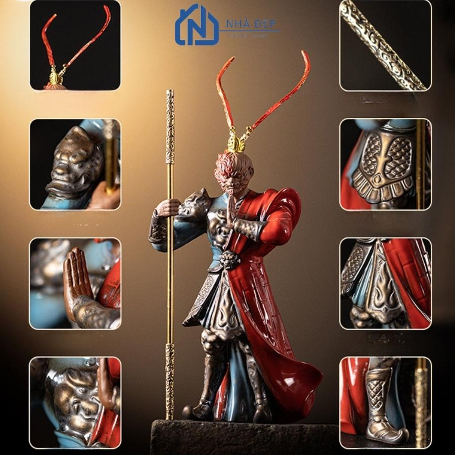 Thác khói trầm hương tượng tôn ngộ không gốm tử sa cao cấp kèm tranh kệ đèn led tròn decor trang trí, phong thuỷ