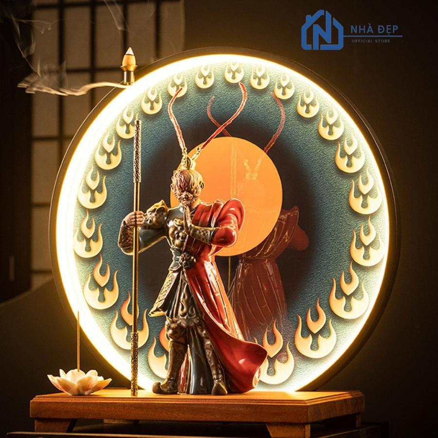 Thác khói trầm hương tượng tôn ngộ không gốm tử sa cao cấp kèm tranh kệ đèn led tròn decor trang trí, phong thuỷ