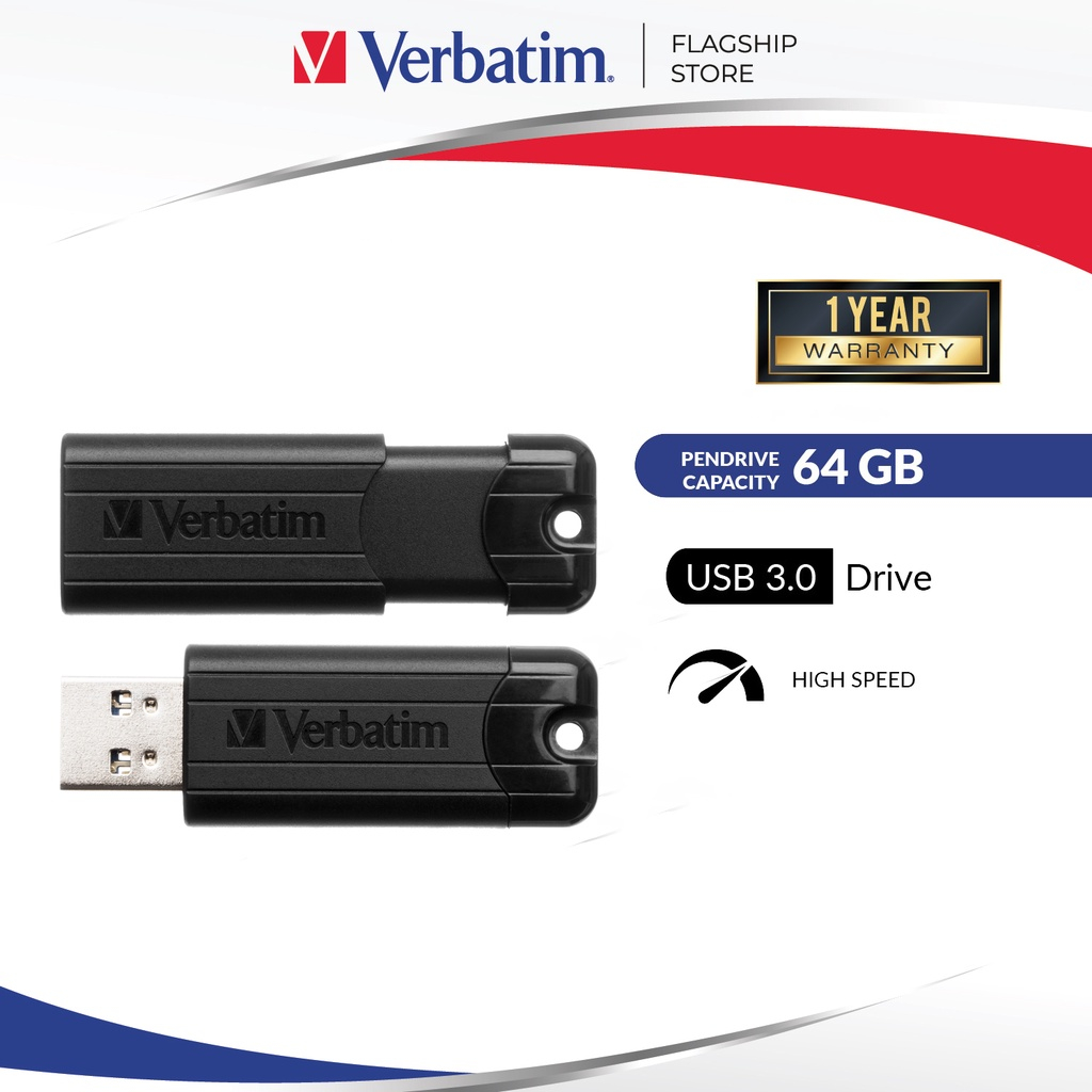 USB 3.2 Gen 1 Verbatim Black PinStripe 32GB/ 64GB/ 128GB Flash Drive - Black - Model 49317/49318/49319