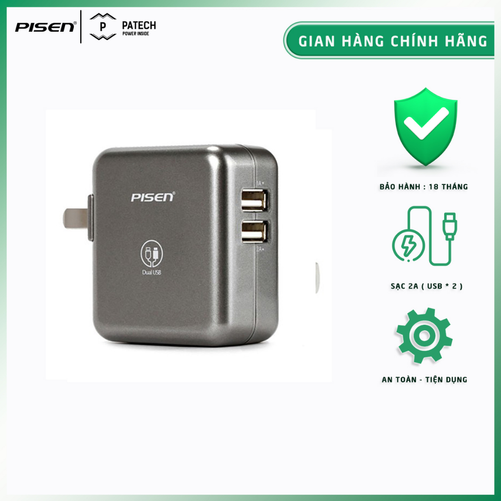 Sạc Pisen Dual Port 2A, 2 cổng ra, công suất tối đa 15W, công nghệ sạc thông minh- Hàng chính hãng, bảo hành 18 tháng