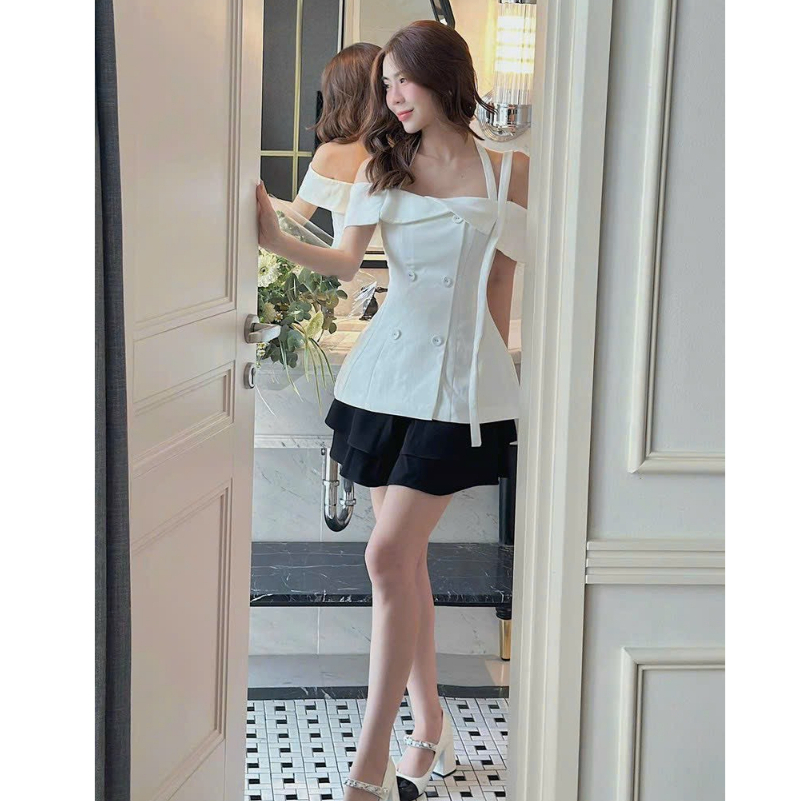 SET ÁO TRỄ VAI PHỐI CHÂN VÁY TẦNG XOÈ