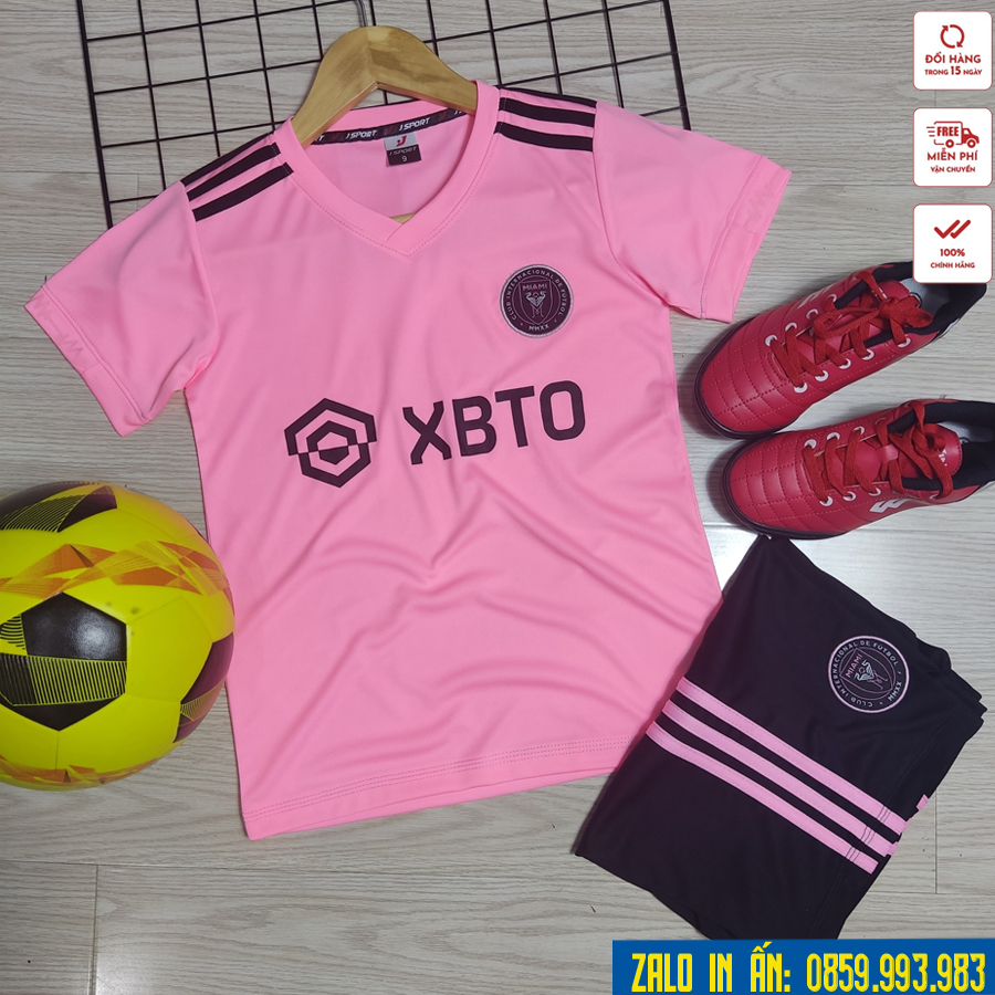Quần áo đá bóng trẻ em CLB Inter Miami Hồng Logo Thêu Vải thun lạnh cao cấp M10